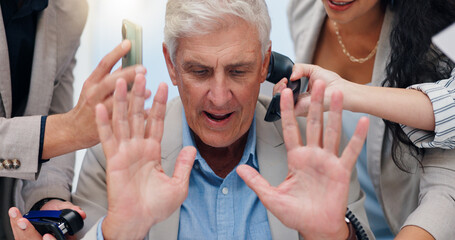 Business man, hands and chaos with phone call, time management or stress for deadline at insurance...