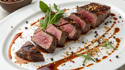 Beef dish, sliced, on a white plate