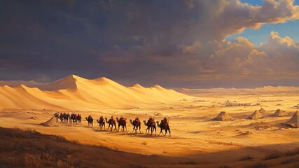 A majestic caravan of camels and travelers moves across a golden desert landscape, passing by a nomadic tent settlement under a dramatic sky. The warm glow of the sun highlights the vast sand dunes