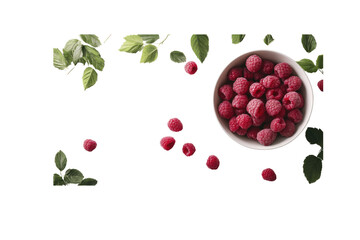A bowl filled with ripe raspberries placed on a white marble countertop, surrounded by scattered berries and green leaves