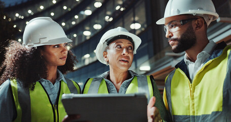Night, engineering and people with tablet, talking and conversation with digital app for checklist. Group, safety or employees with tech, evening or online planning for construction and collaboration