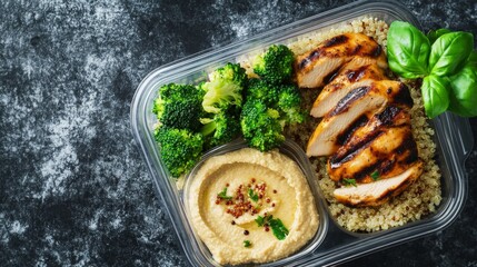 A close-up of a meal prep container filled with grilled chicken, quinoa, smoked broccoli, and a side of hummus, organized and ready for the week ahead