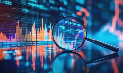 Magnifying Glass Focused on Stock Market Data with Blue and Red Color Scheme Reflective Surface and Blurred Background