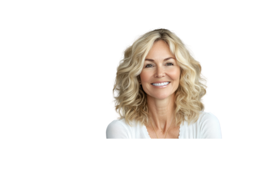 A blonde woman with beautiful, defined curls and a beaming smile, exuding positivity and friendliness. The gray background provides a minimalist contrast, keeping the focus on her radiant expression