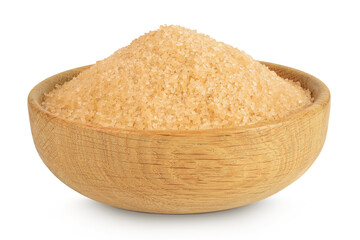 The brown sugar in wooden bowl isolated on white background