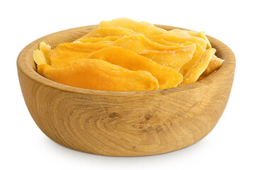 dried mango in wooden bowl isolated on white background