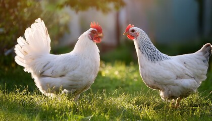 Fototapeta premium free range chickens on green grass