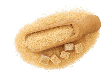 Pile of brown granulated sugar and sugar cubes in wooden scoop isolated on white background. Top...