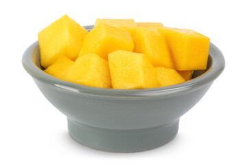 mango diced in ceramic bowl isolated on white background with full depth of field