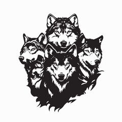 Pack of Wolves Gathering Together in the Wild Under the Moonlight Vector Illustration.
