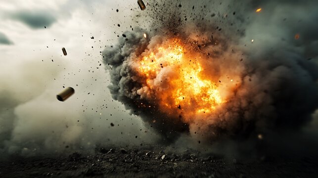 Captivating Mid-Air Grenade Blast with a Blurred War-Scarred Landscape