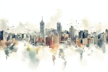 Obraz premium Watercolor Cityscape Urban Skyline Panorama.