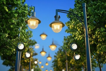Bright street lights illuminate a beautiful park pathway during twilight