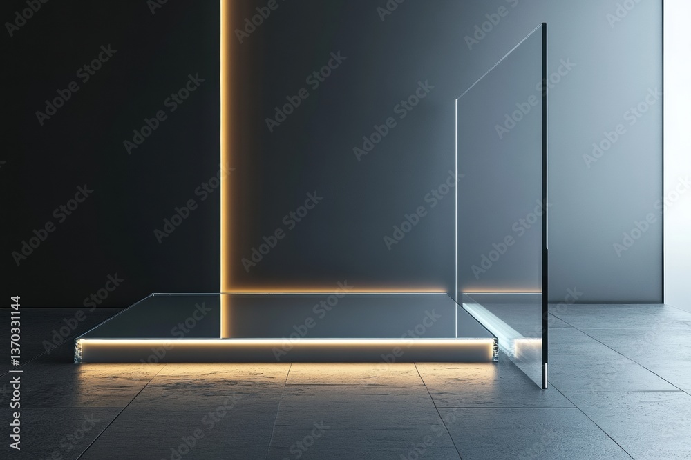 Fototapete Minimalist modern display showcases floating glass panels with soft glowing edges and a high-end minimalist aesthetic, creating a futuristic ambiance