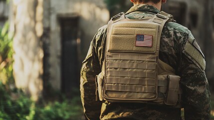 Fototapeta premium Kevlar Tactical Vest Displayed with Military Patches in Dynamic Barracks Background