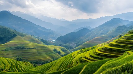 A panoramic view of a winding rice terrace, curving naturally with the mountains