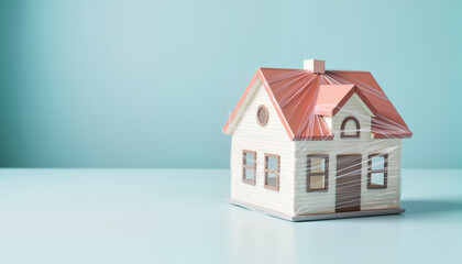 Toy house encased in plastic on pale blue surface, protection concept