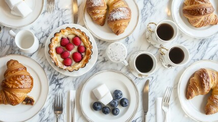 Top view of French caf table with croissants, fruit tart, espresso cups, and sugar cubes on a marble tabletop with delicate silverware