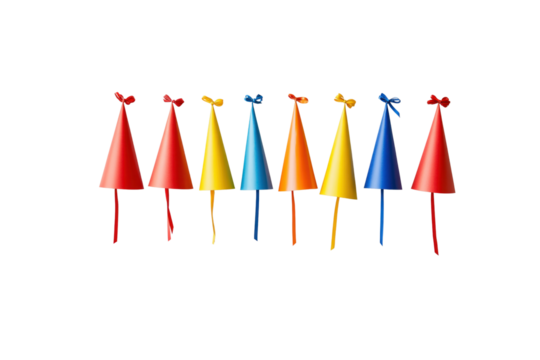 A set of neatly arranged birthday party hats in various bright colors, including red, yellow, and blue, with ribbons hanging down, ready for guests at a celebration
