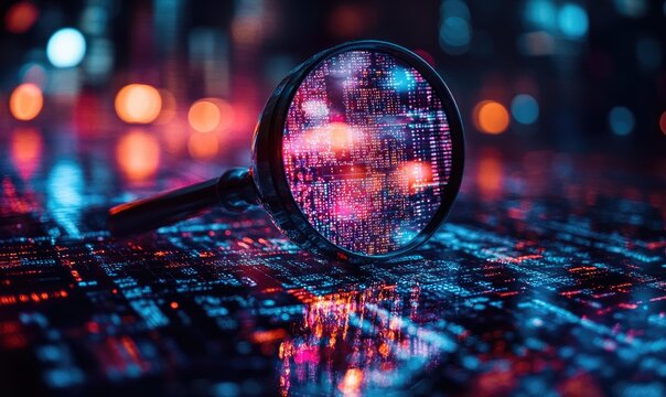 Magnifying Glass on Digital Circuit Board Data Security Analysis and Technology with Blue and Red Color Scheme and Bokeh Background