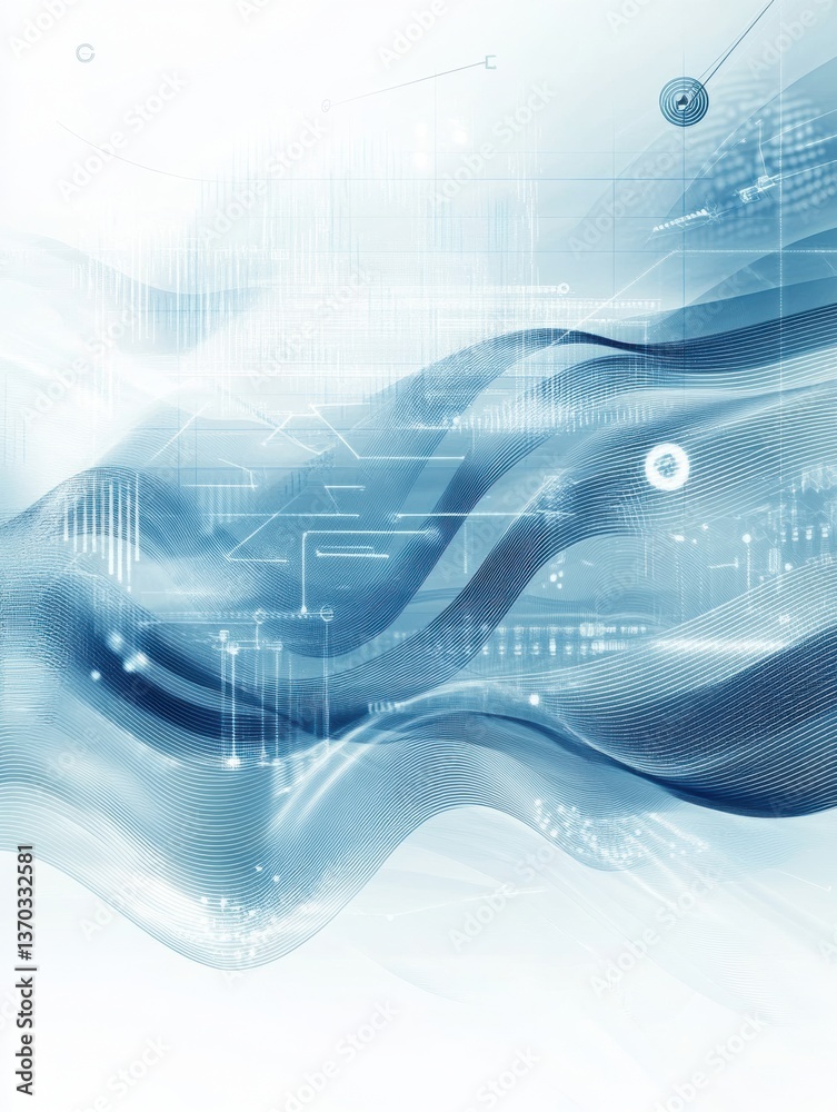 Fototapete Exploring digital finance with modern technology background featuring wave patterns and transaction icons in sleek blue and white tones
