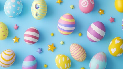 Naklejka premium Vibrant D pattern of colorful Easter eggs with playful swirls, stripes, and stars, evenly spaced on a soft sky blue background for festive wallpaper