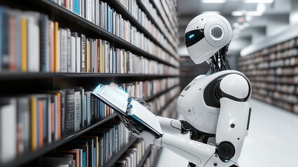 3D futuristic robot librarian organizing glowing digital bookshelves filled with floating knowledge orbs, showcasing AI as the ultimate information curator