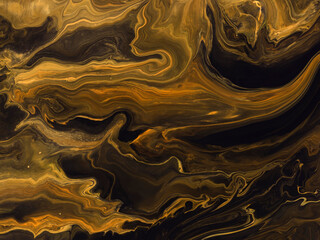 Сreative abstract hand painted background. Swirling blend of black, gold, and brown tones with fluid, marbled effect, liquid metals or cosmic nebulae, dynamic  texture.
