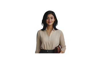 A young businesswoman with shoulder-length black hair, dressed in a smart blouse and slacks, standing tall in a full-body portrait. She is smiling gently while holding a leather handbag in one hand