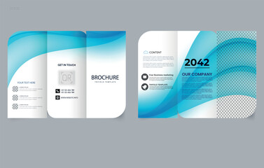 Trifold brochure template with blue dynamic gradient waves. Editable image.