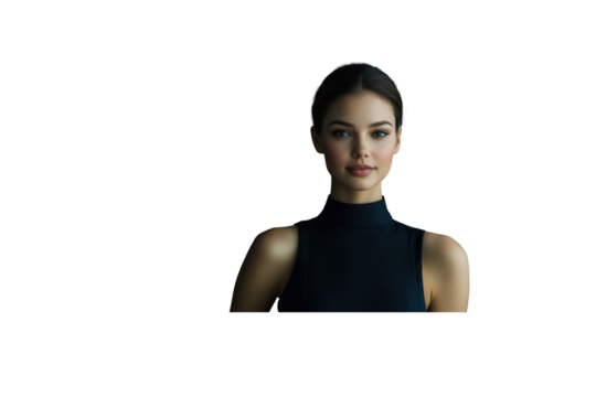 A young woman in a formal business dress, standing confidently with a slight smile. Her outfit is sleek and elegant, and the lighting highlights her sharp features against a soft studio backdrop