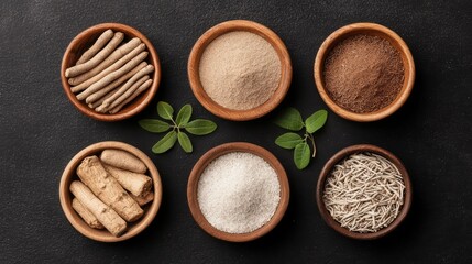 Assorted Ayurvedic herbs and spices in wooden bowls