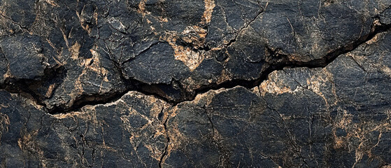 A textured surface featuring dark cracks and golden veins, resembling aged stone or mineral formations, conveying a sense of depth and natural beauty.
