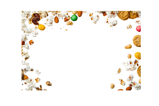 Close-up of a sheet of parchment paper with different kinds of bite-sized snacks like popcorn, cookies, and mixed nuts scattered across it on a white surface