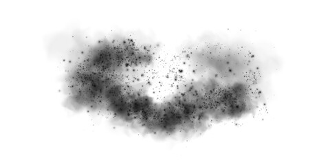 Black smog cloud effect, with small dust particles, isolated transparent special effect. Fog, vapour, magic haze. PNG.
