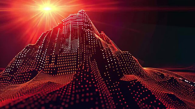 A luminous mountain made of glowing particles rises against a background filled with a vibrant sunset glow, creating an otherworldly atmosphere.