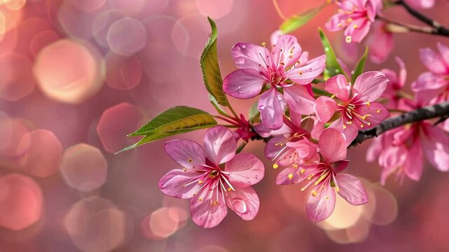 Soft pink cherry blossoms are blooming on a gracious branch, with a gentle blur of pink bokeh creating a serene atmosphere of spring.