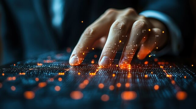 Digital Innovation: A Hand Interacting with Glowing Data Streams - Powered by Adobe