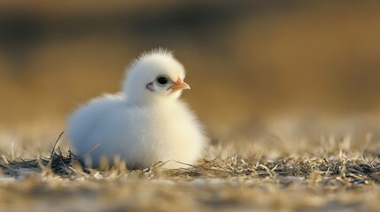 Fototapeta premium A baby Silkie chicken resting in a sunlit field, its fluffy white feathers glowing under the warm rays.