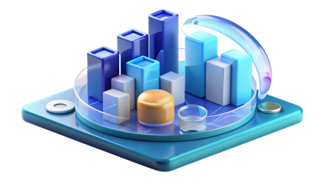 Transparent Digital 3D Stock Market Analysis in PNG with Growth Charts and Financial Investment Data.