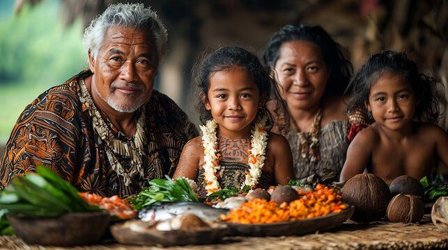 Samoan family gathered around a Sunday feast of fresh fish taro and coconut sitting cross legged on woven mats inside an open fale