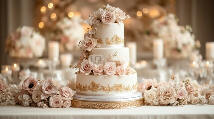 Fototapeta premium Elegant Three-Tier Wedding Cake with Blush Roses and Gold Accents