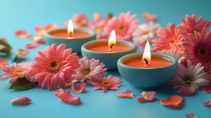 Serene Spa Setting: Three Burning Candles and Pink Gerbera Daisies on a Teal Background