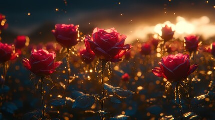 Obraz premium Enchanted Rose Garden at Sunset: A Dreamlike Field of Crimson Blooms