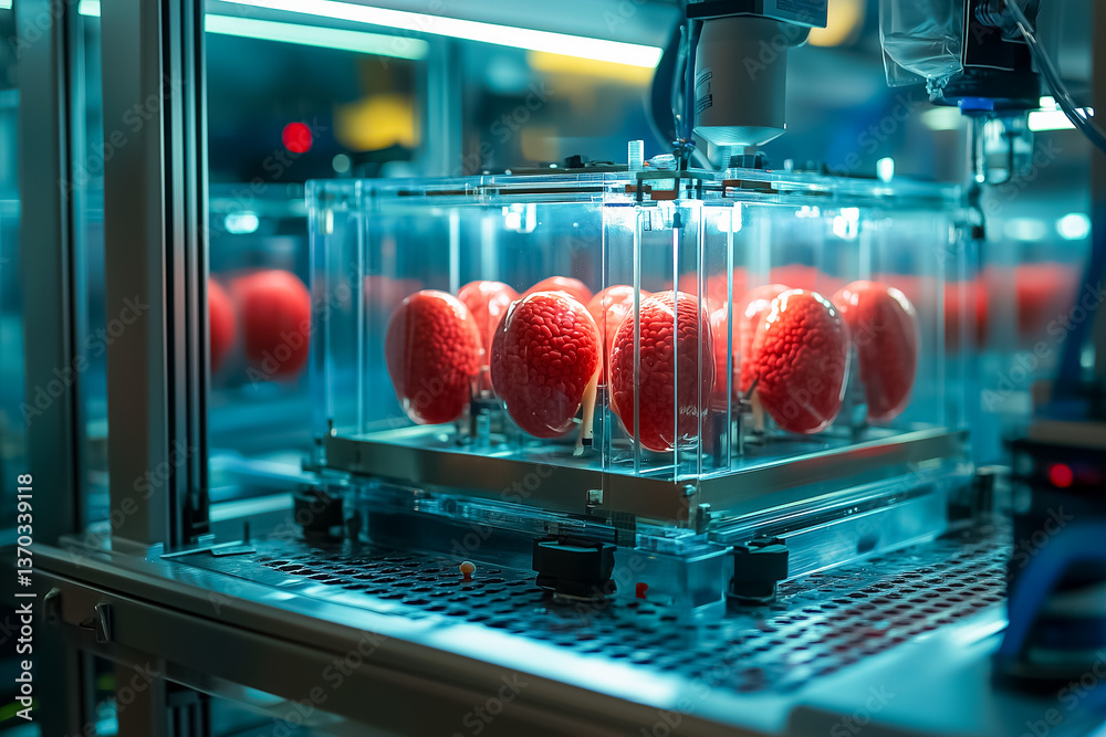 Poster robotic system operates with red objects encapsulated in glass casing. advanced technology setting w