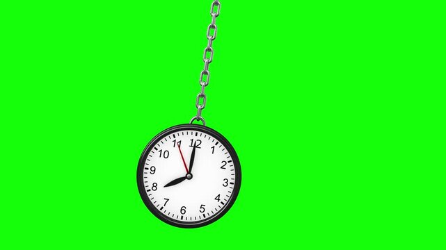 3d animation of a swinging clock on a green screen