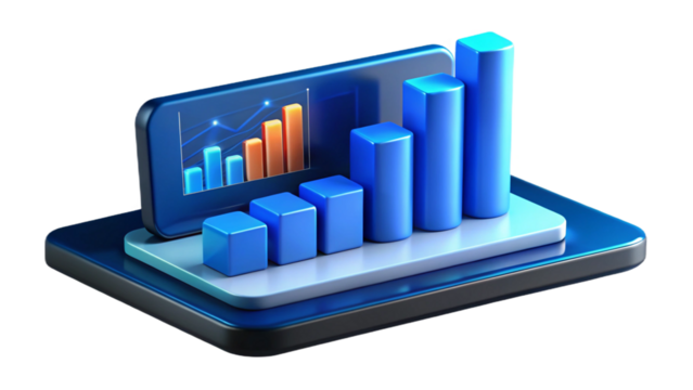 Transparent Digital 3D Stock Market Analysis in PNG with Growth Charts and Financial Investment Data.