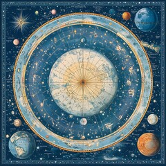 Fototapeta premium Celestial Earth Map, Zodiac, Planets
