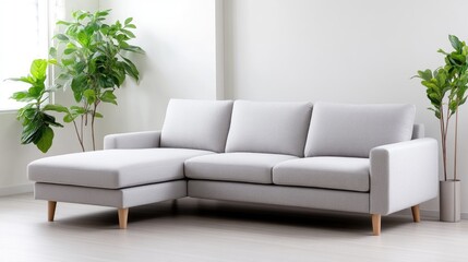 Modern light gray sectional sofa in a bright living room.  Plants and natural light highlight the minimalist design
