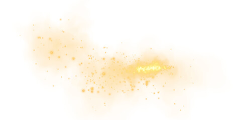Magic yellow smoke with glitter and small particles of twinkling stars. Fog with luminous particles. Yellow vapor with stardust. Morning fog over land or water surface, magic haze. Fog or smoke. PNG.
